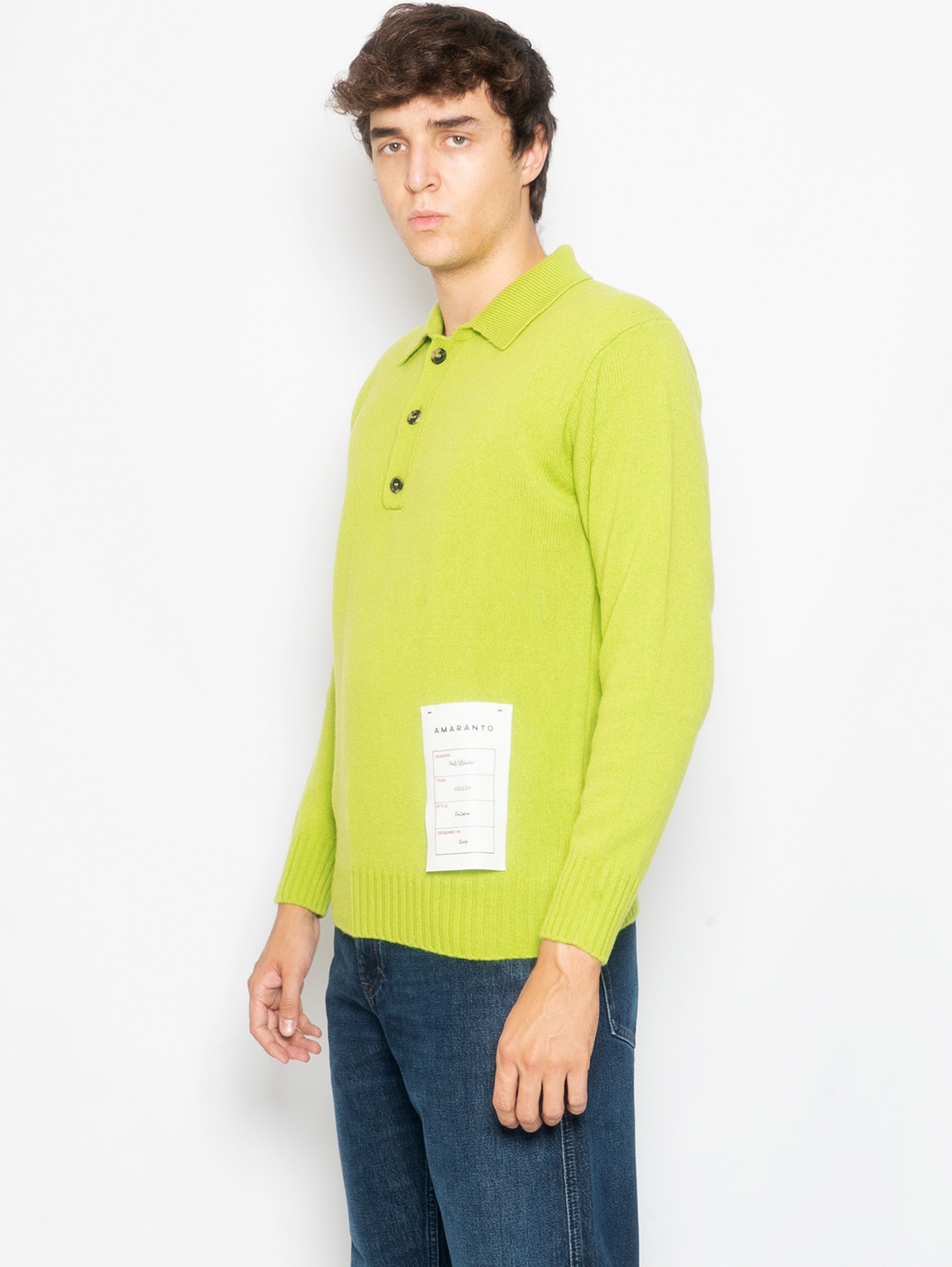 Long Sleeve Polo Shirt in Green Wool and Cashmere