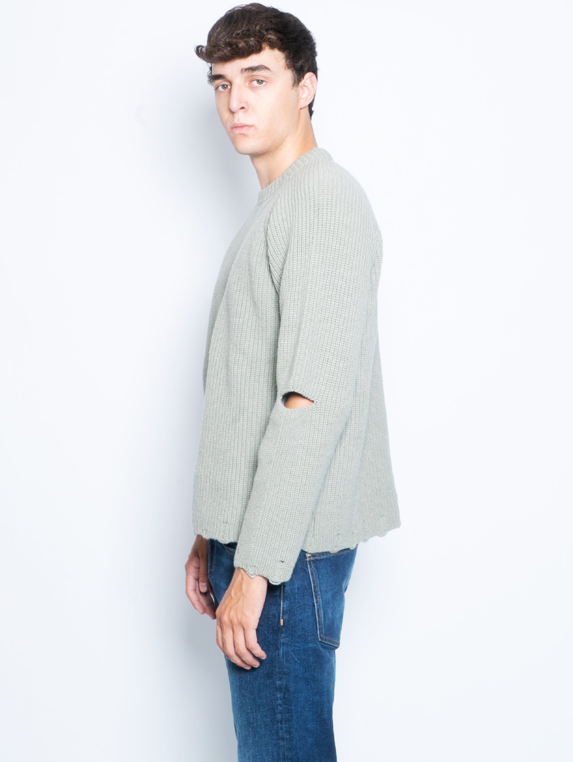 Sage Green Destroyed Crewneck Sweater