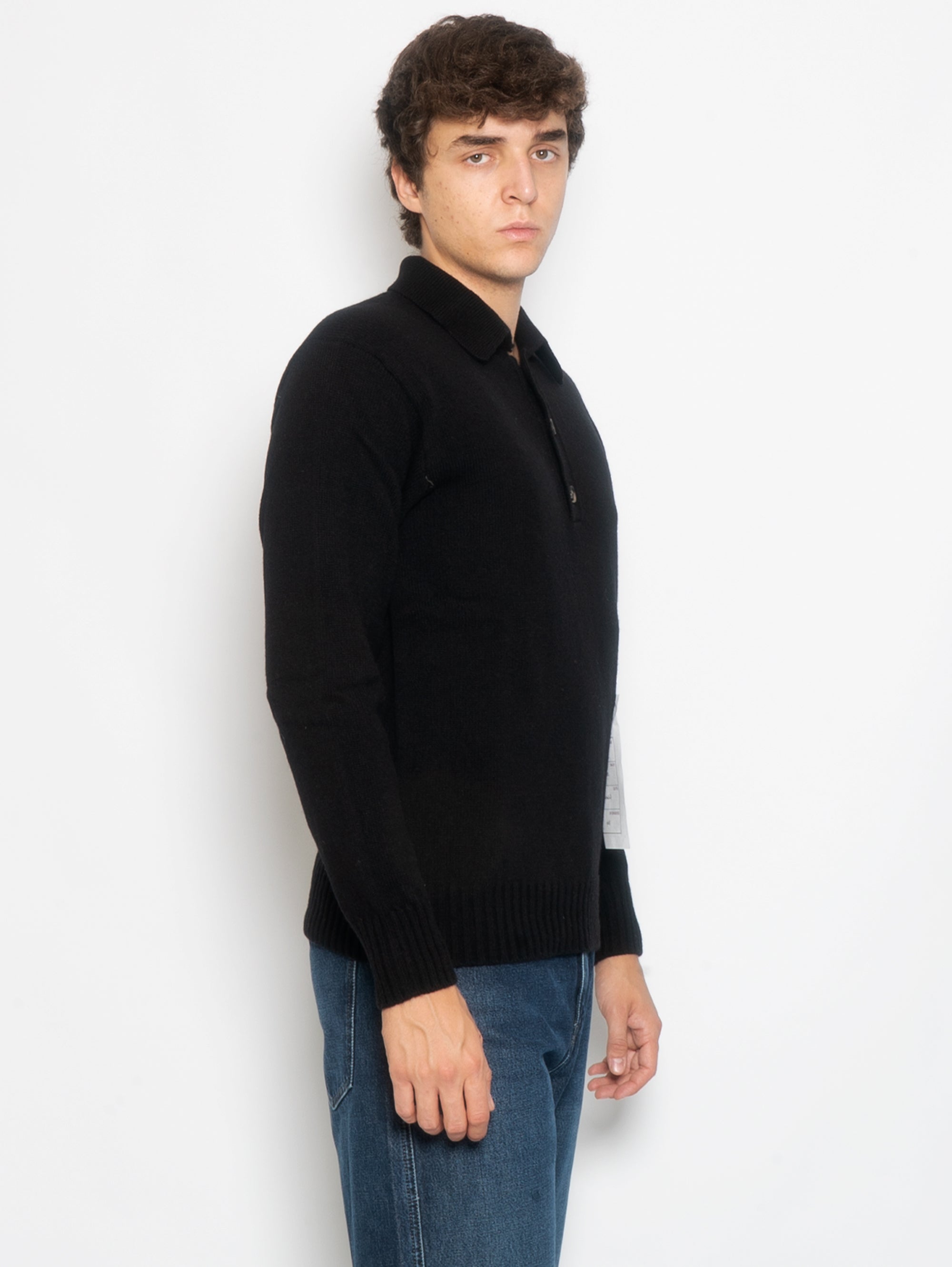 Long Sleeve Polo Shirt in Black Wool and Cashmere