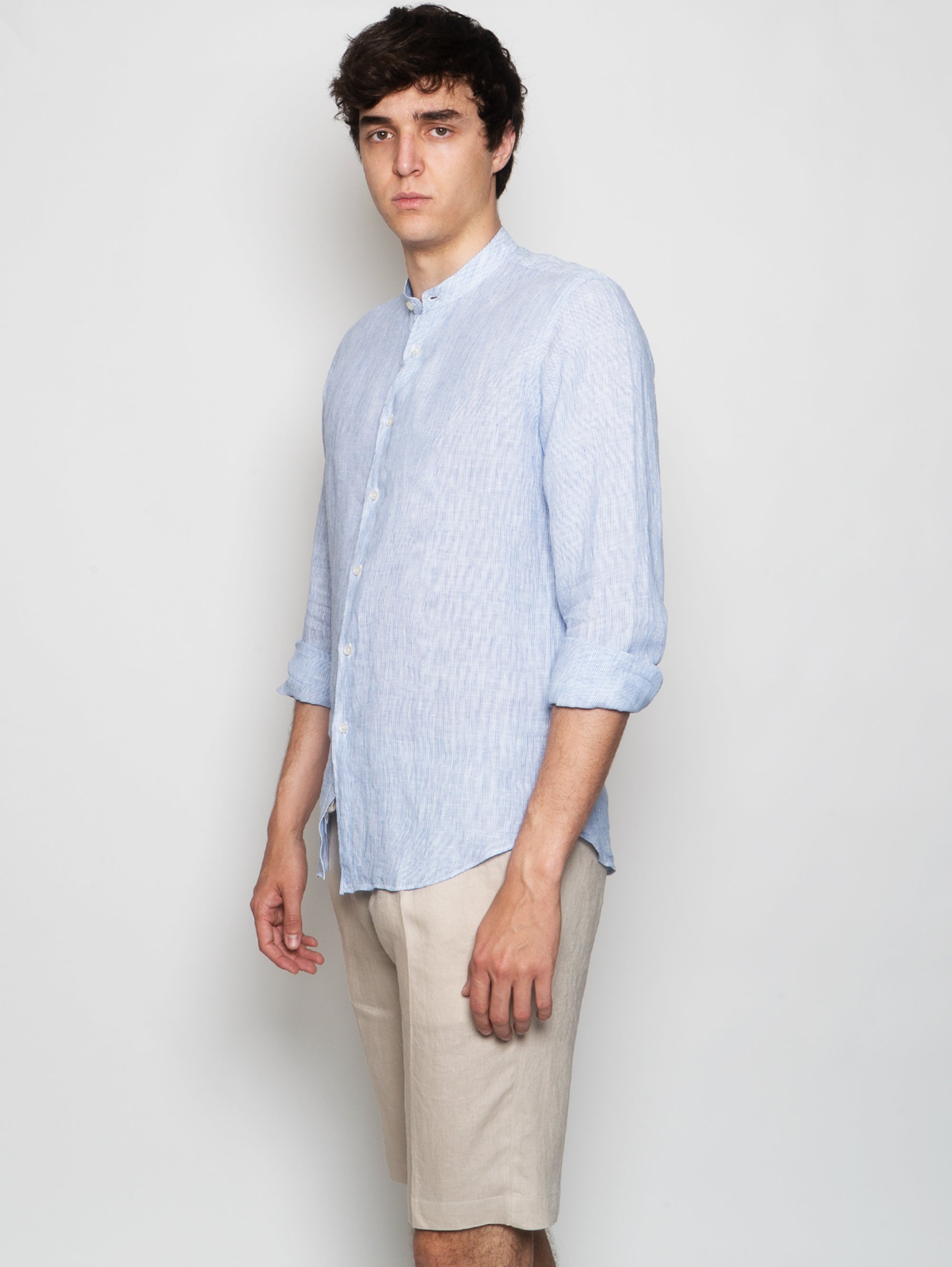 Camicia Coreana in Lino a Righe Blu