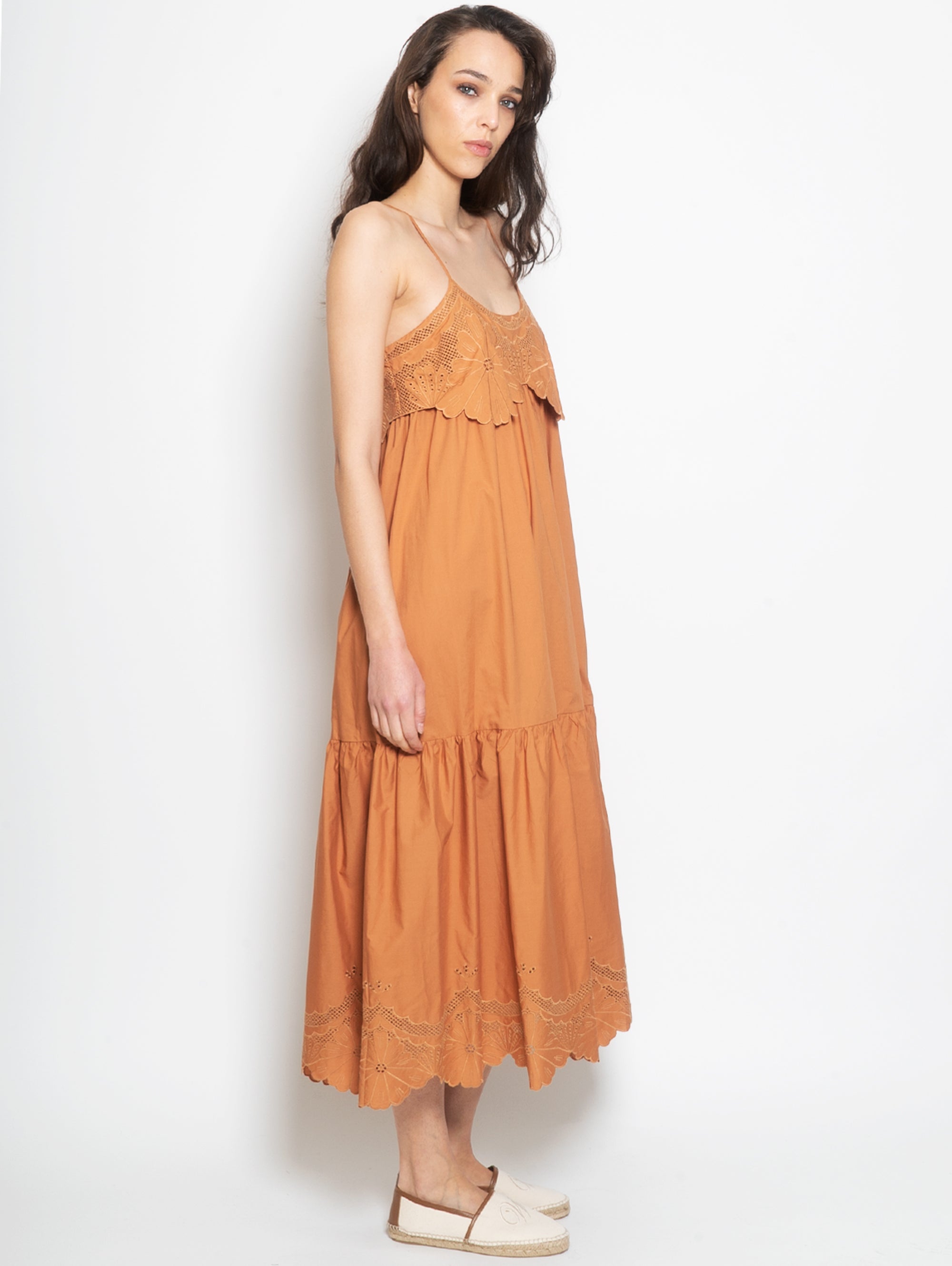 Long Cotton Dress with Brown Embroideries