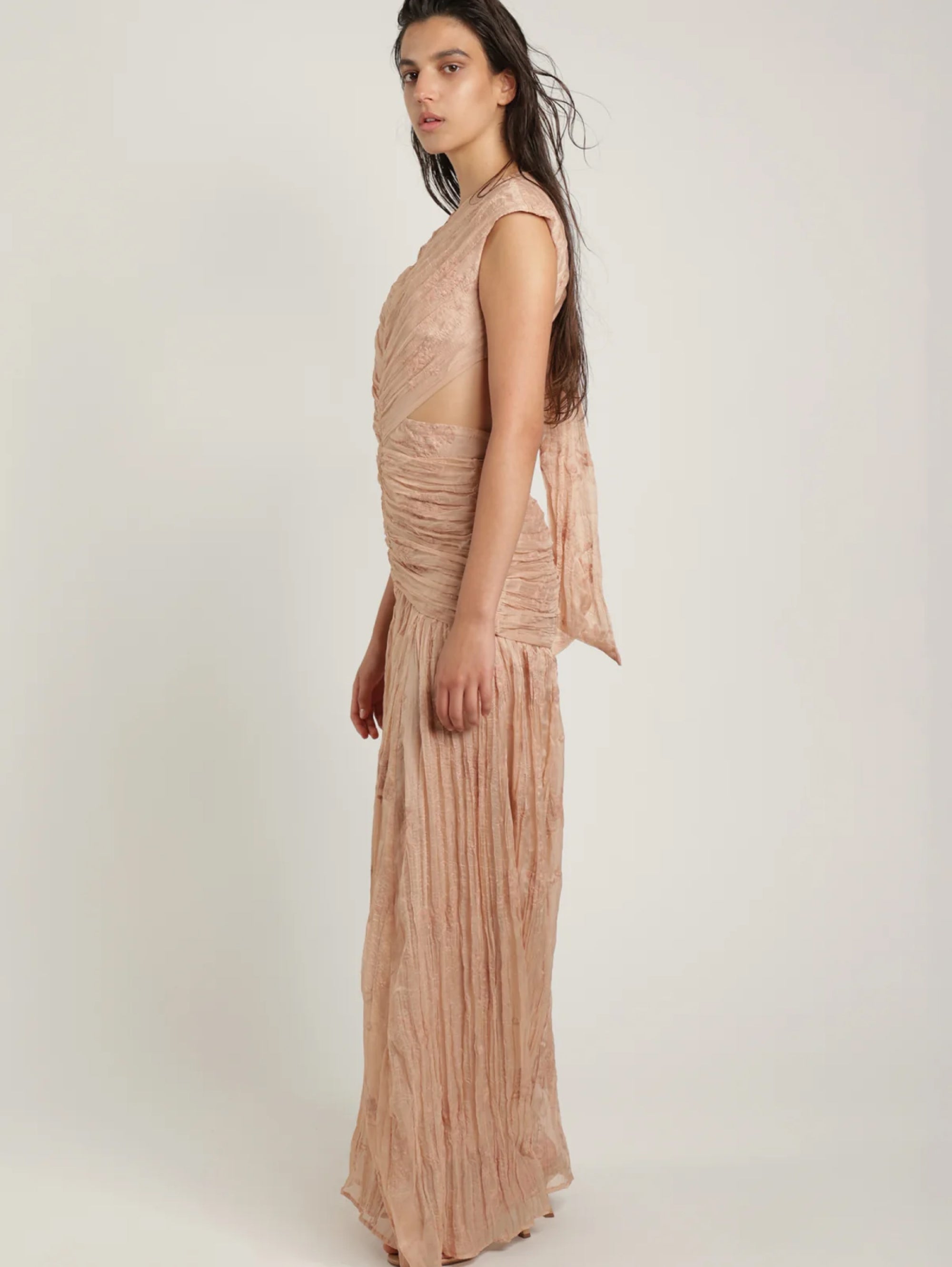 Dress with Open Back in Embossed Fabric with Powder Pink Embroidery