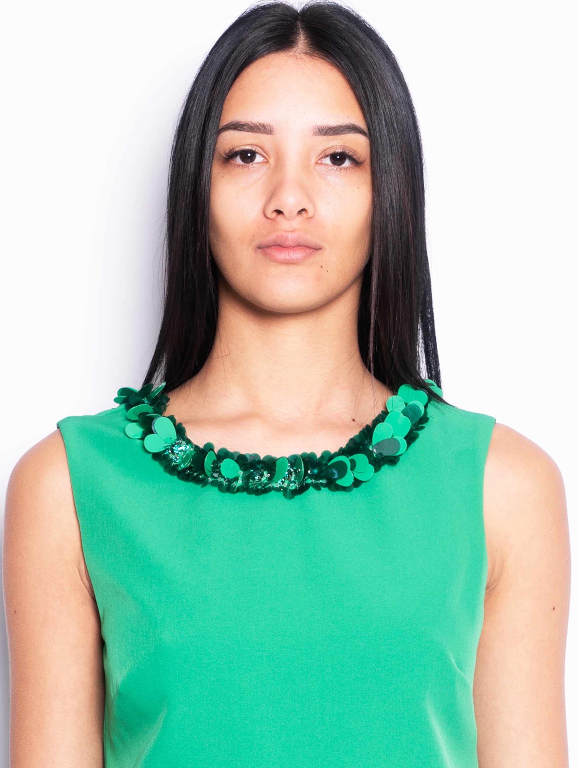 Short Dress with Round Neckline in Green Sequins