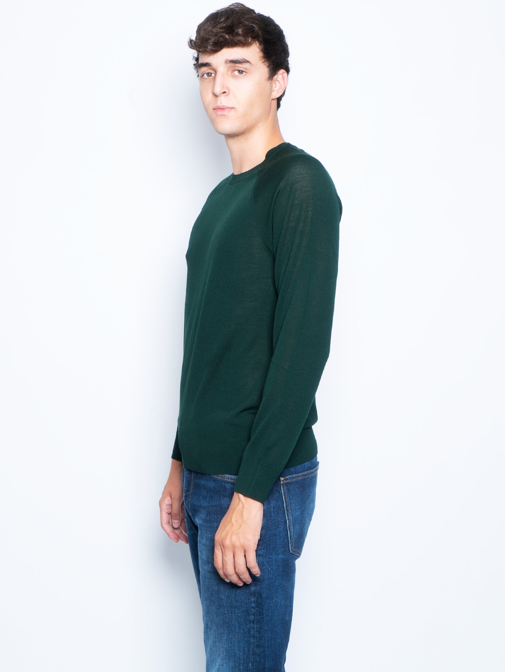 Merino Wool Sweater with Green Raglan Sleeves