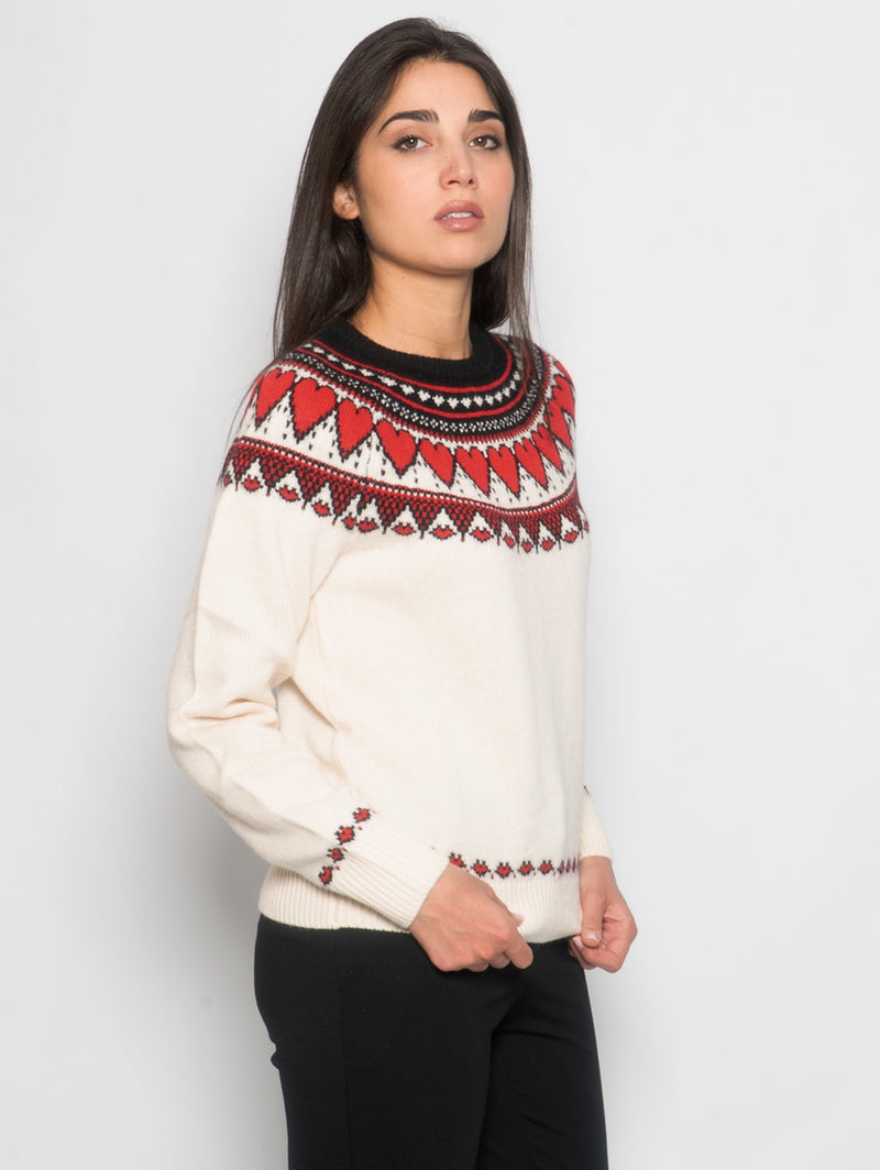 Maglia Girocollo con Stampa Jacquard Cuori Panna/Rosso