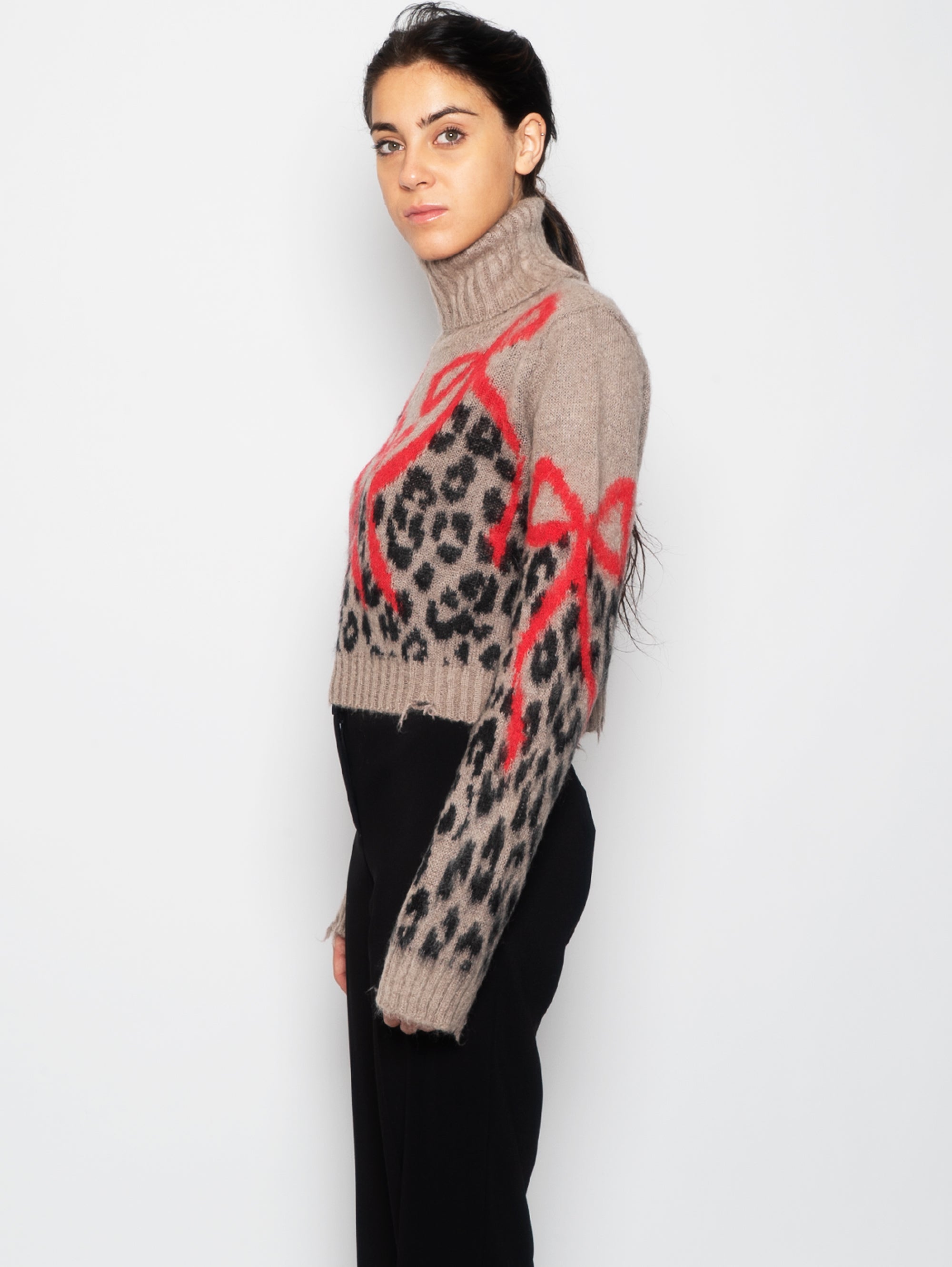 Brown Spotted High Neck Cropped Sweater