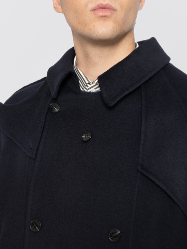 Trench Doppiopetto in Panno di Lana Blu