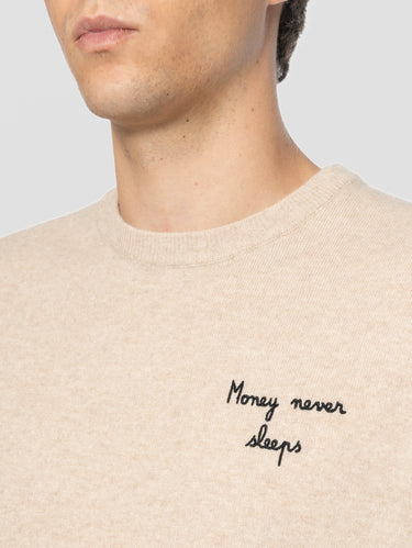 Maglione in Misto Cashmere con Ricamo Money Never Sleeps Beige