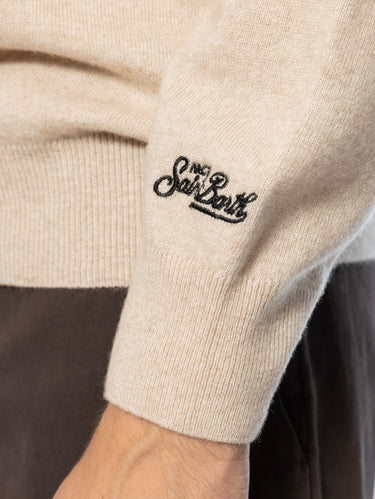 Maglione in Misto Cashmere con Ricamo Money Never Sleeps Beige