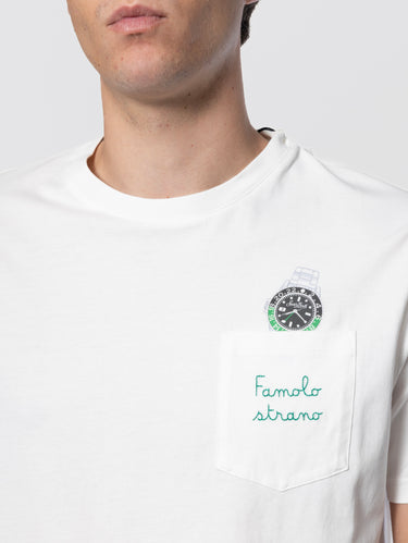 T-shirt con Taschino e Ricamo Famolo Strano Orologio Bianca