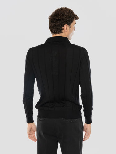 Maglia a Polo Manica Lunga in Merino Nero