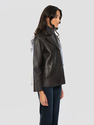 Giacca in Pelle Foderata con Rever Marrone