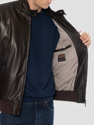 Bomber in Pelle Tamponata con Imbottitura Marrone