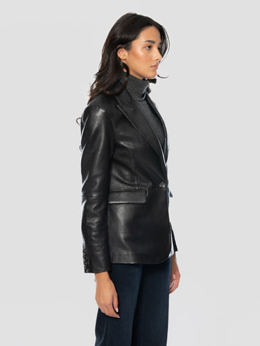 Blazer in Pelle con Chiusura ad un Bottone Nero