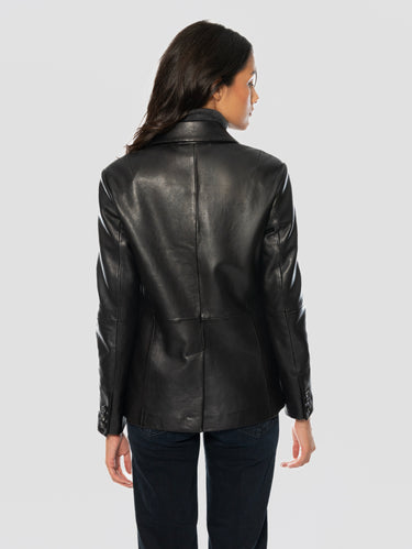 Blazer in Pelle con Chiusura ad un Bottone Nero