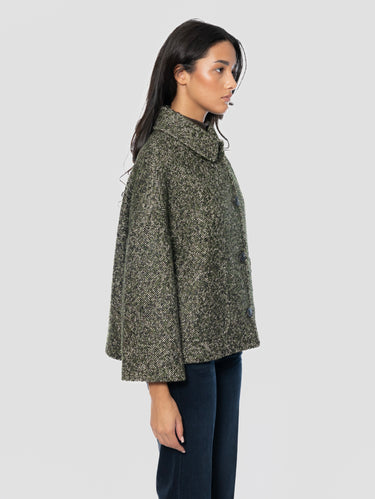 Cappotto Corto Bouclè con Collo Camicia Marrone/Verde