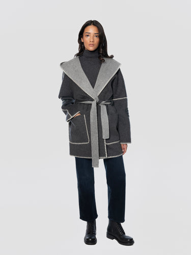Cappotto Vestaglia con Profili crochet e Ricami Antracite