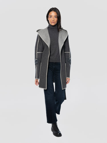 Cappotto Vestaglia con Profili crochet e Ricami Antracite