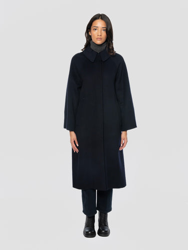 Cappotto Lungo in Lana con Cintura Blu Navy
