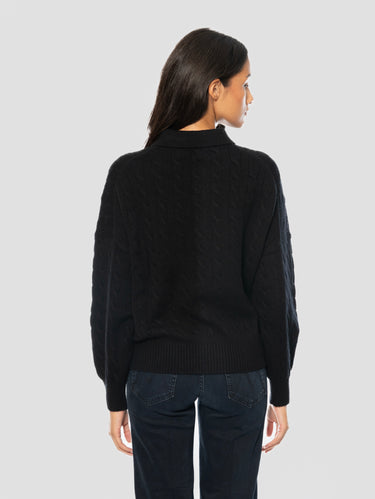 Maglia in Lana a Trecce con collo Polo Nero