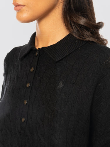 Maglia in Lana a Trecce con collo Polo Nero