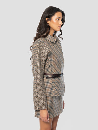 Giacca Pied De Poule con Cinta Beige
