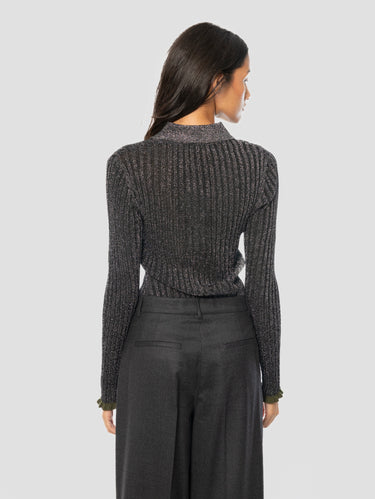 Polo Slim in Maglia a Coste con Lurex Acciaio