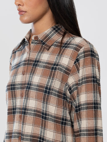 Camicia a Quadri in Flanella con Strass Marrone