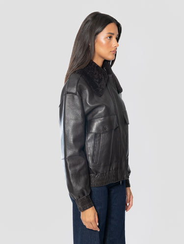 Bomber Pilot in Pelle con Collo Furry Testa di Moro