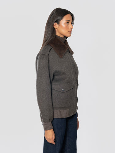 Bomber Pilot in Lana con Colletto in Pelliccia Marrone