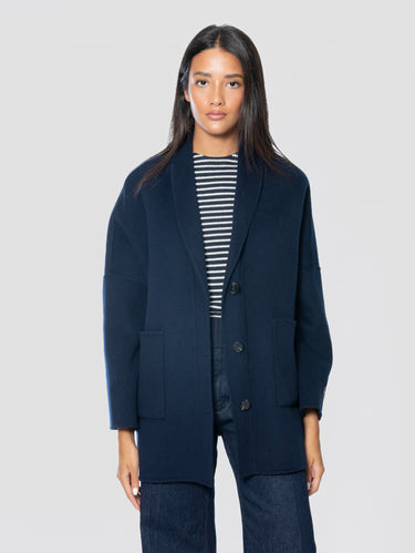 Cappotto Media Lunghezza In Panno Blu