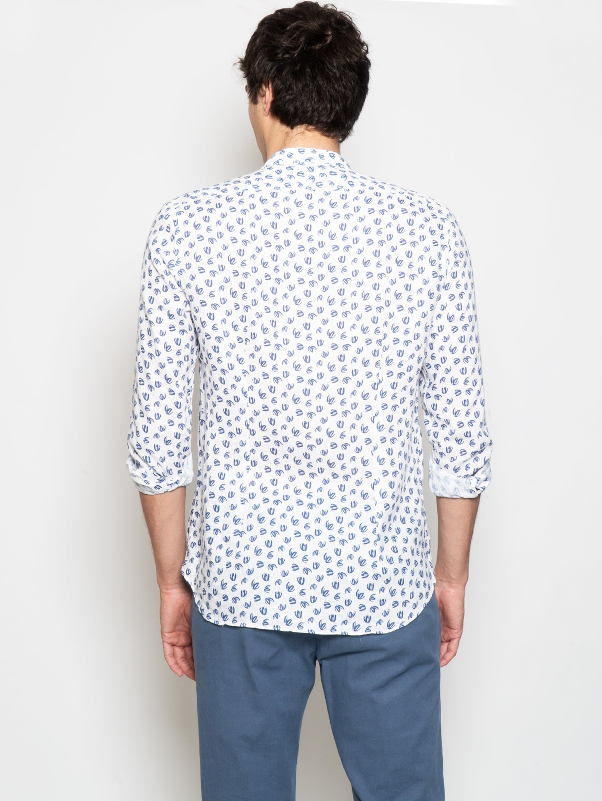 Camicia Coreana  in Lino Stampato Blu