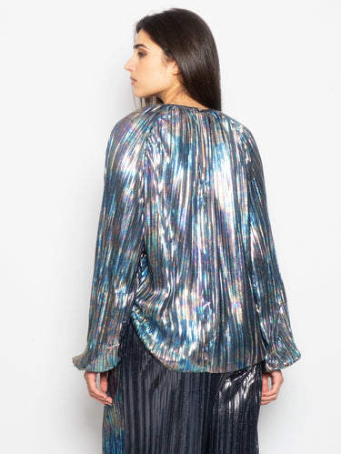 Ronde hals top in geplooide metallic tricot