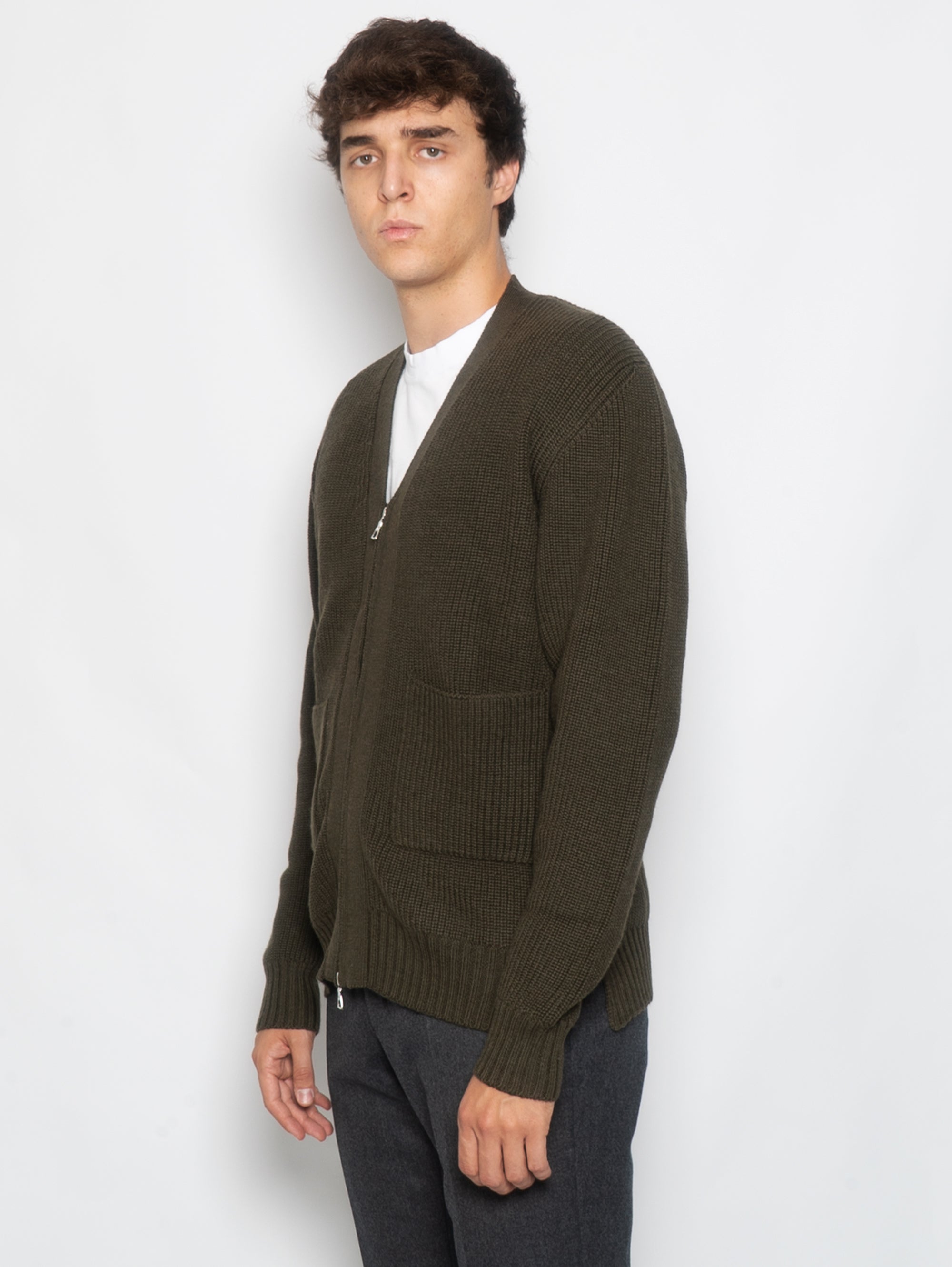 English Rib Cardigan with Zip Olive