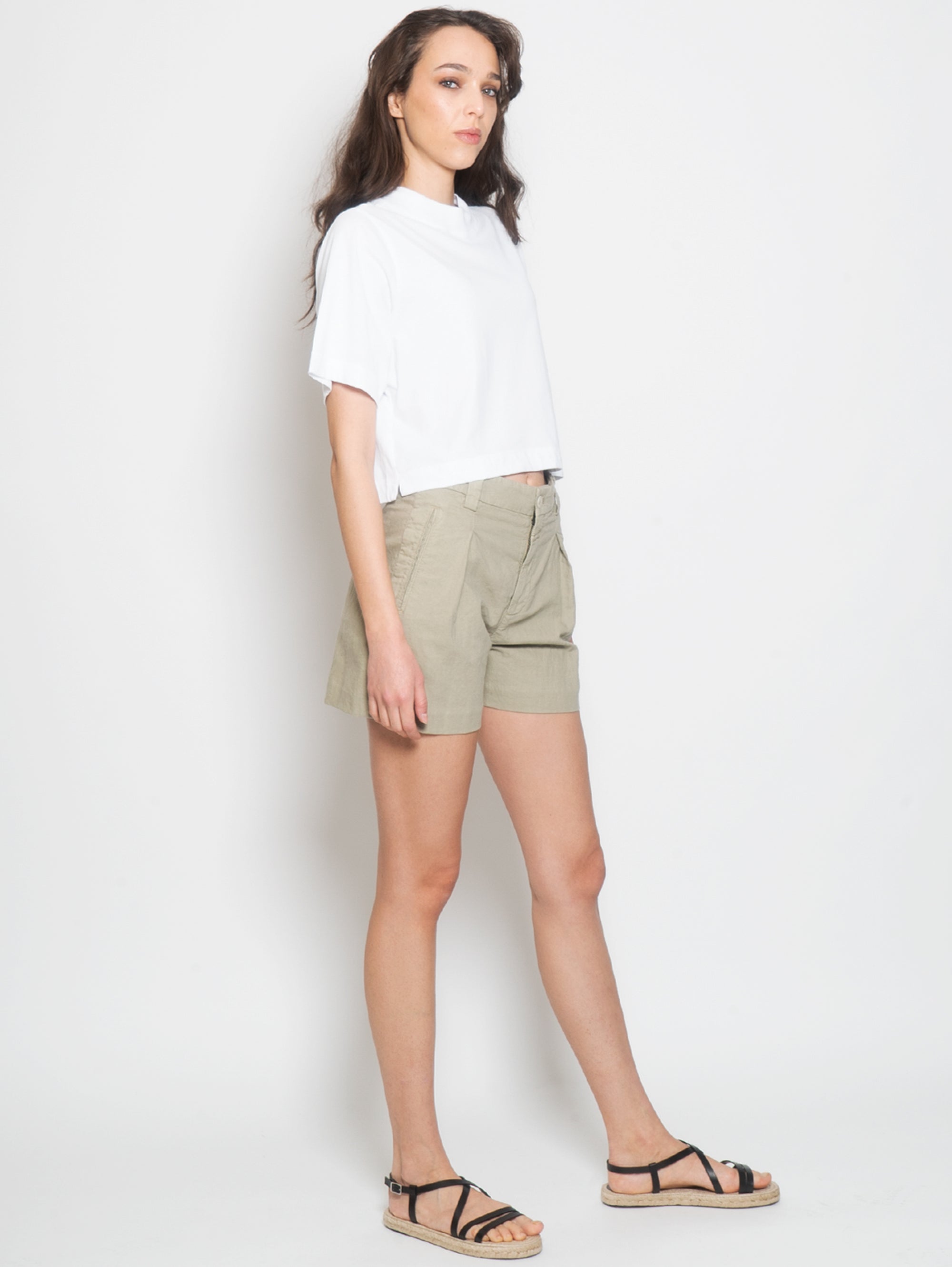 Shorts in Misto Lino con Pinces Verde