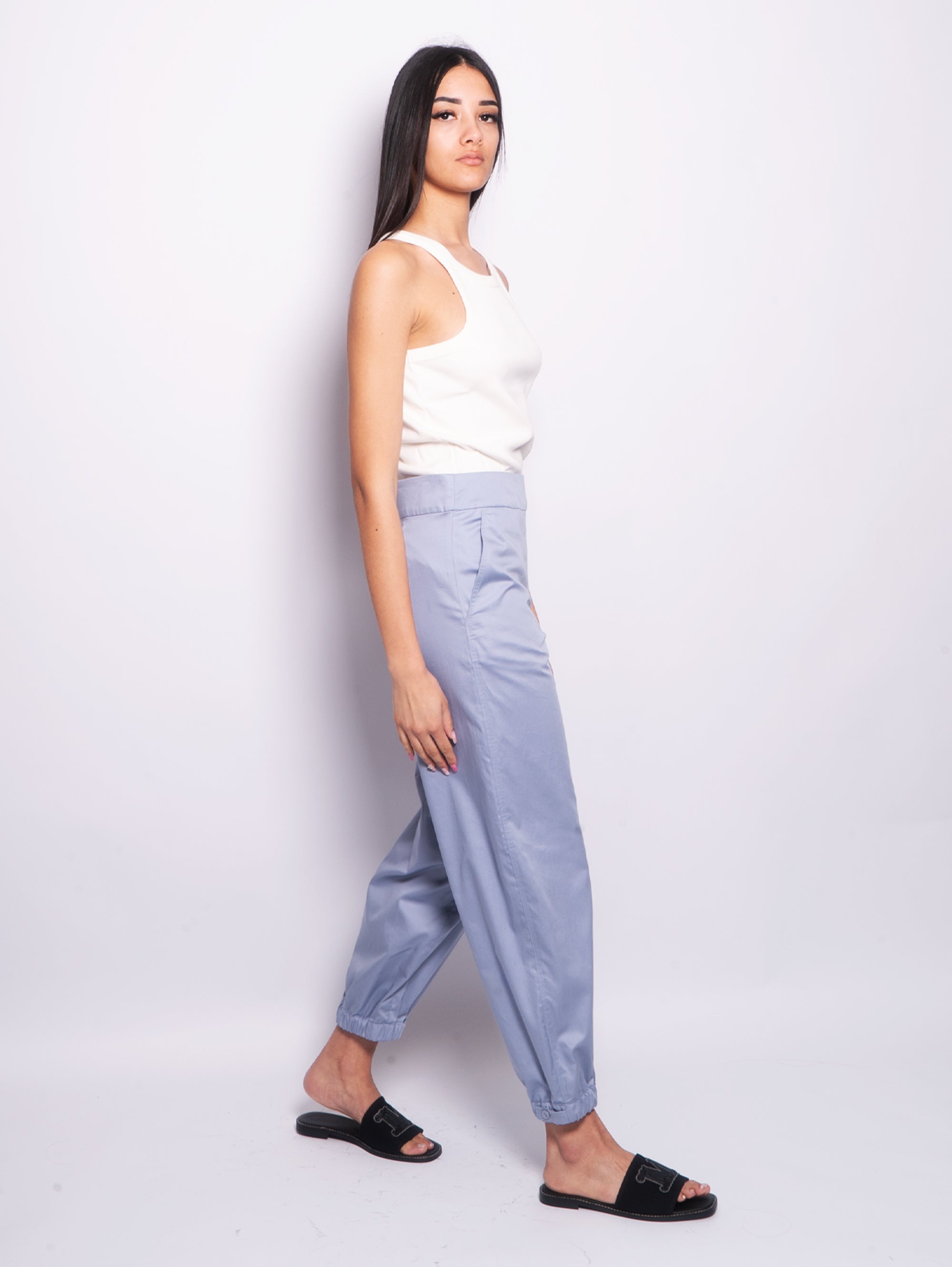Satin Trousers with Light Blue Cuff