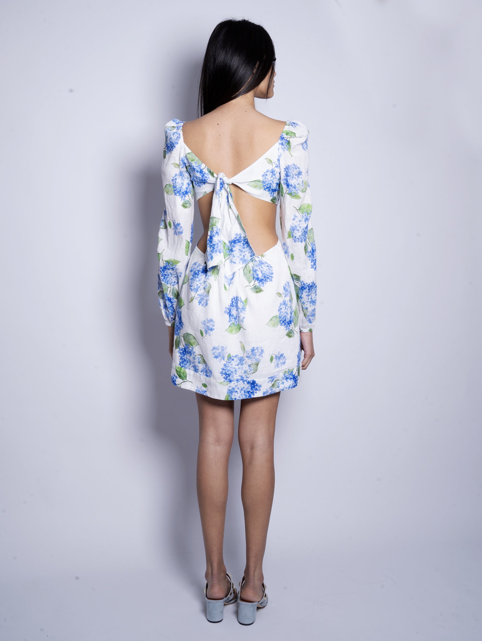 Blue Floral Print Cut-Out Linen Dress