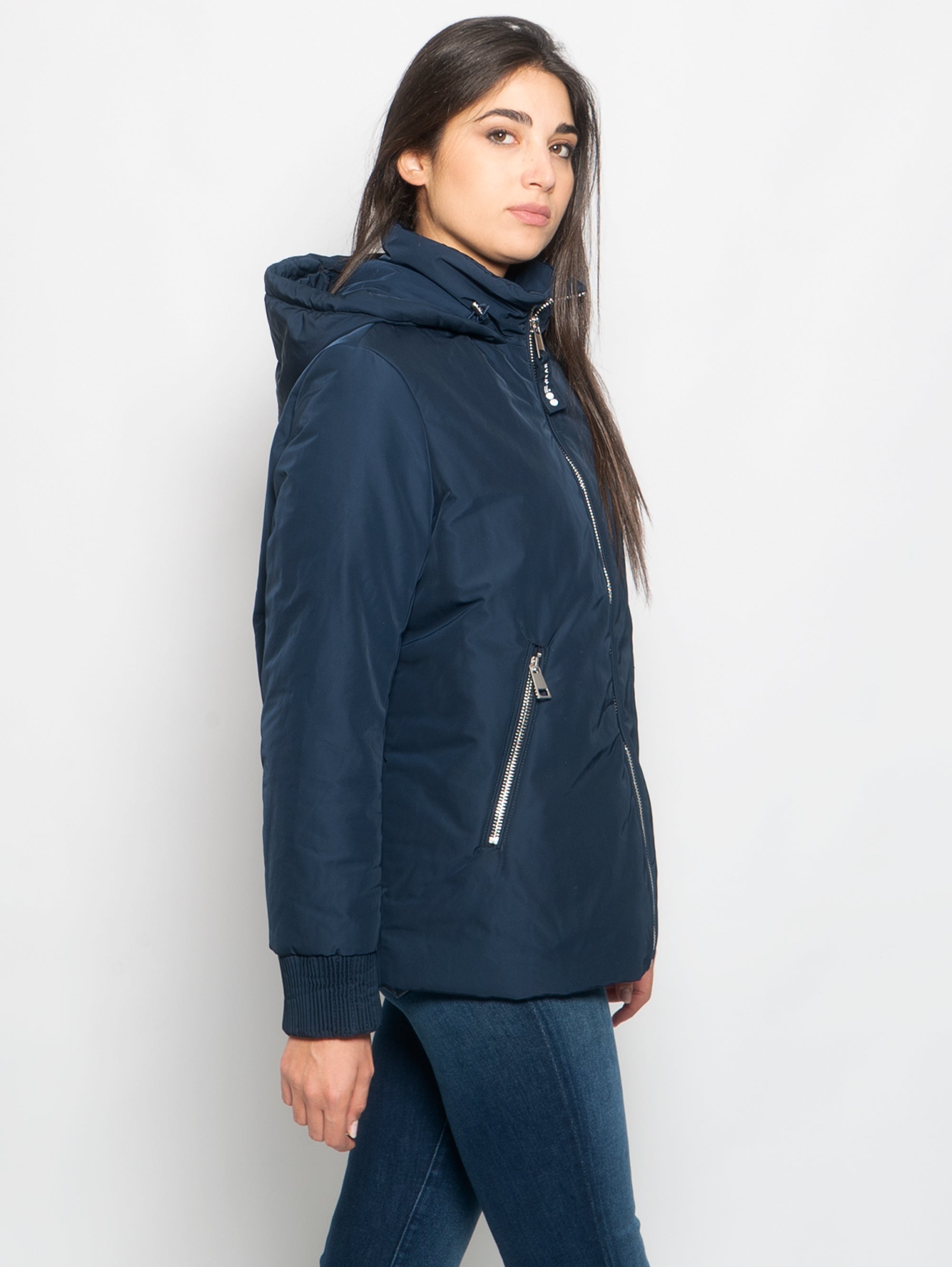 Short Flared Jacket with Midnight Blue Hood