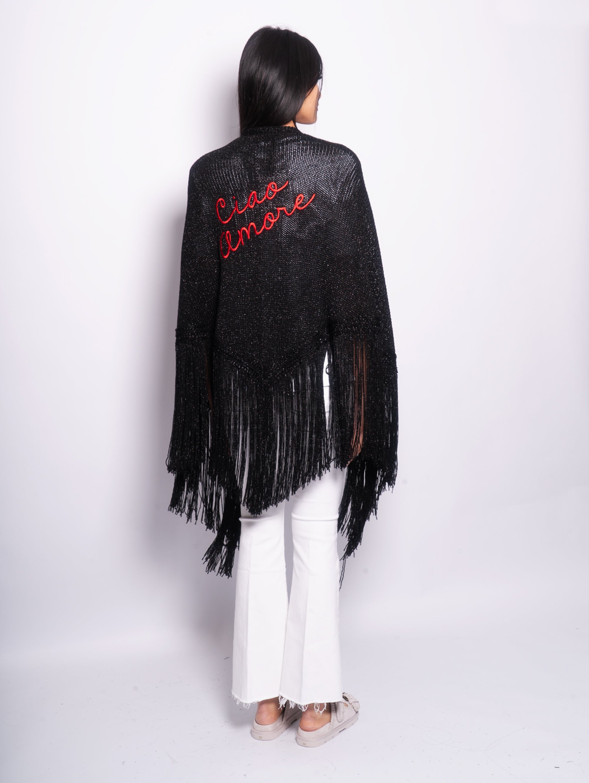 Lurex Knitted Shawl with Black Fringes
