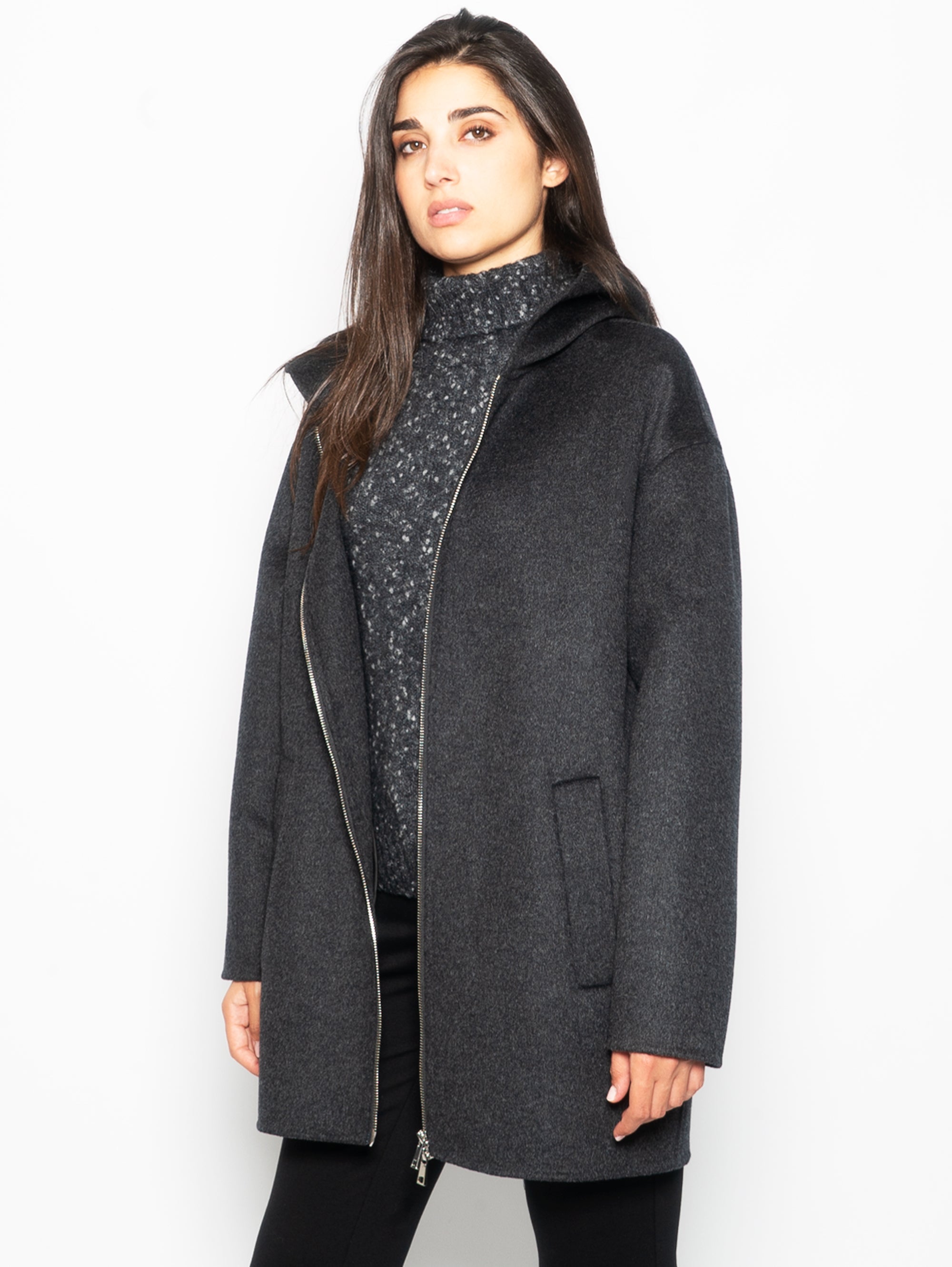 Coat with Zip in Anthracite Wool Cloth