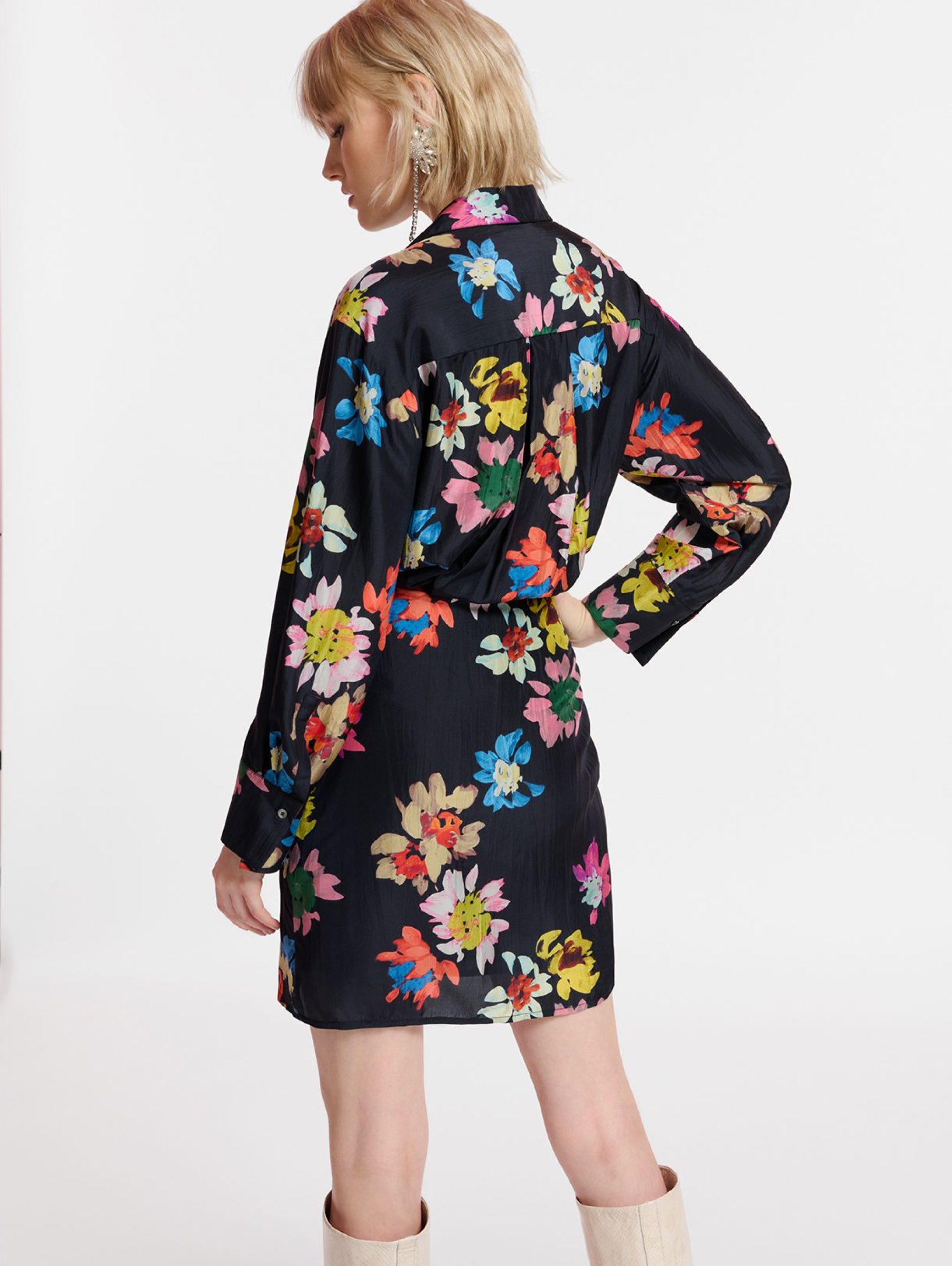 Short Dress with Black Floral Print