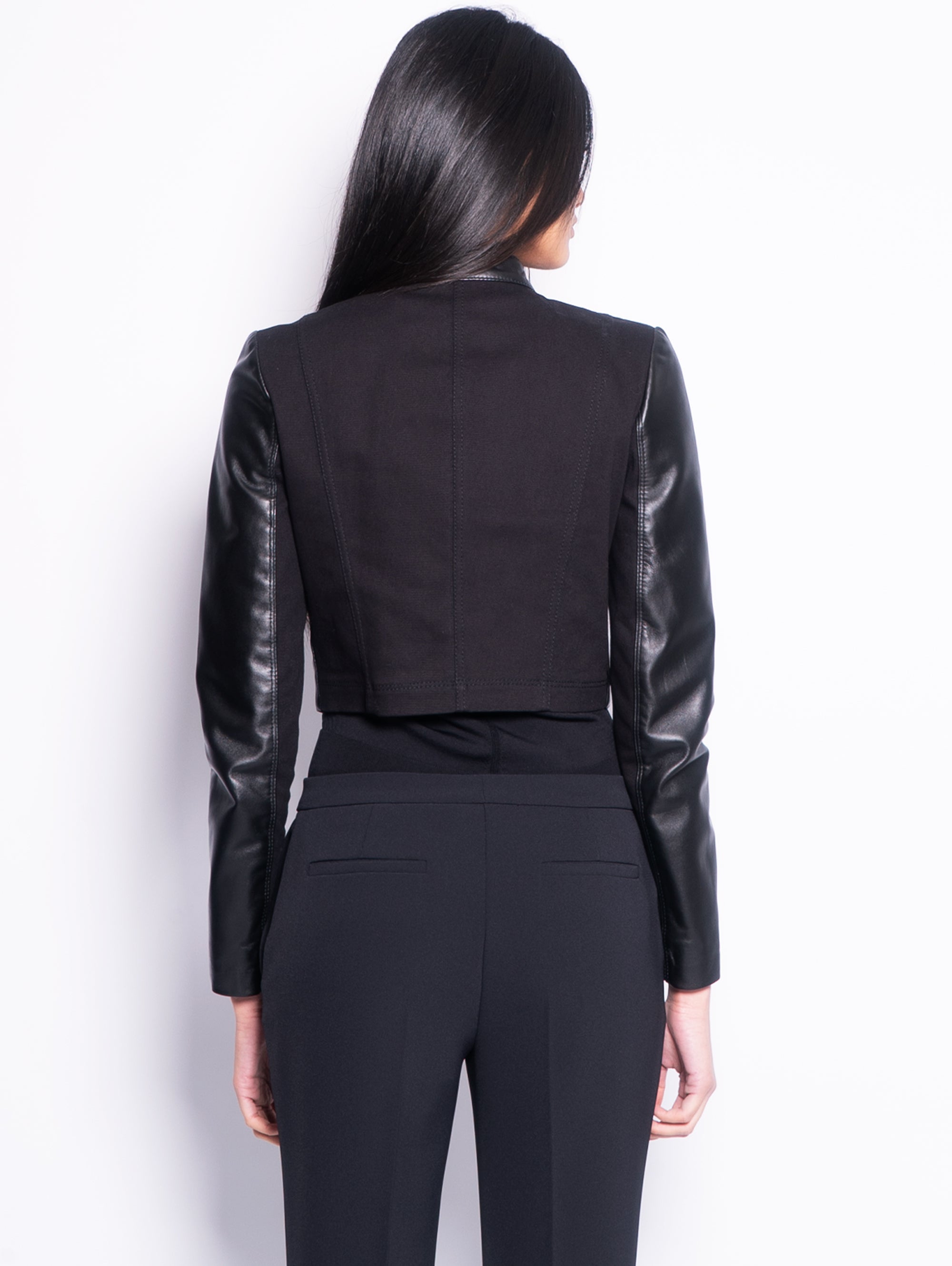 Short Biker Jacket in Black Leather and Fabric