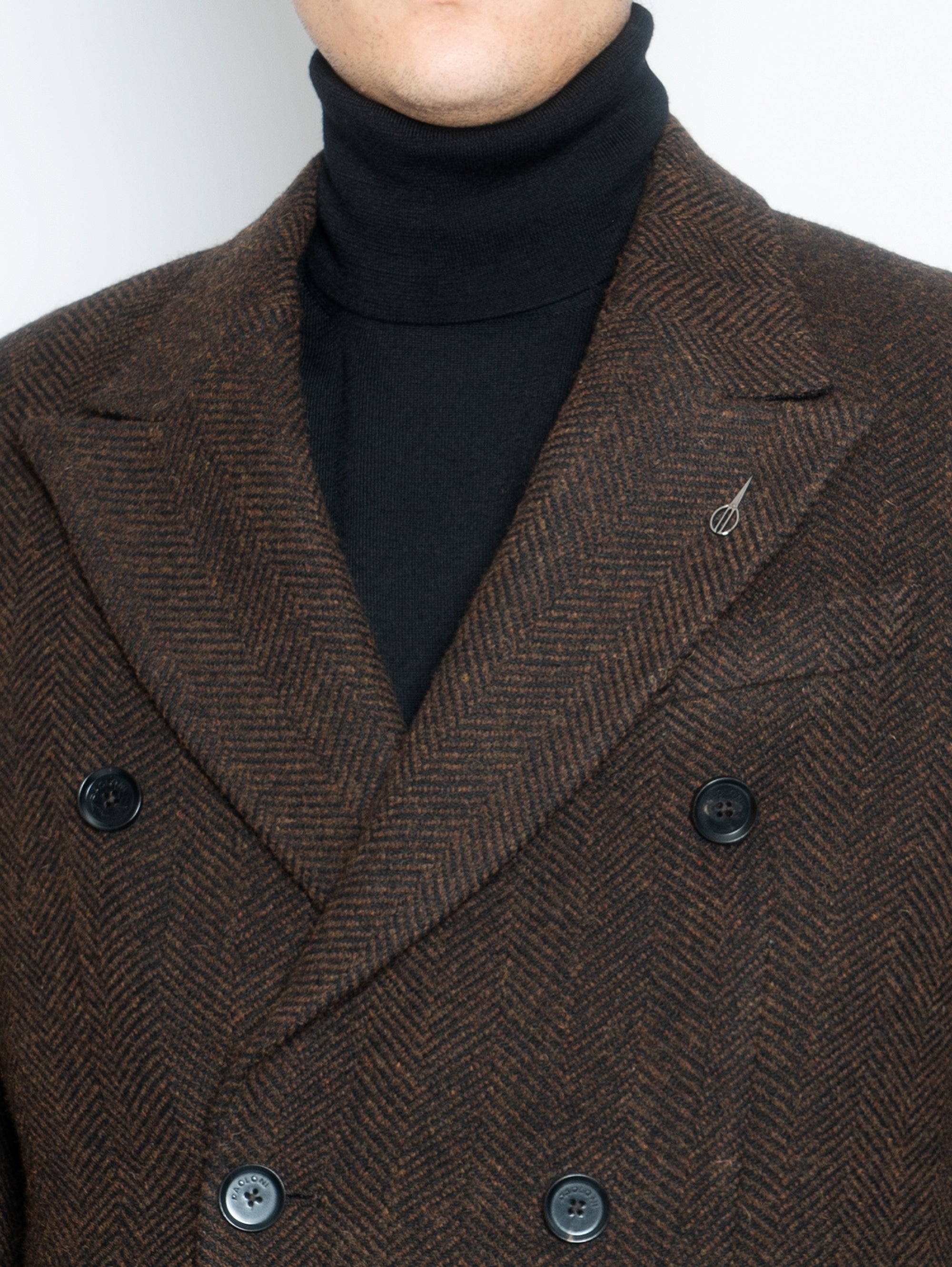 Double-breasted Coat in Brown Herringbone Wool