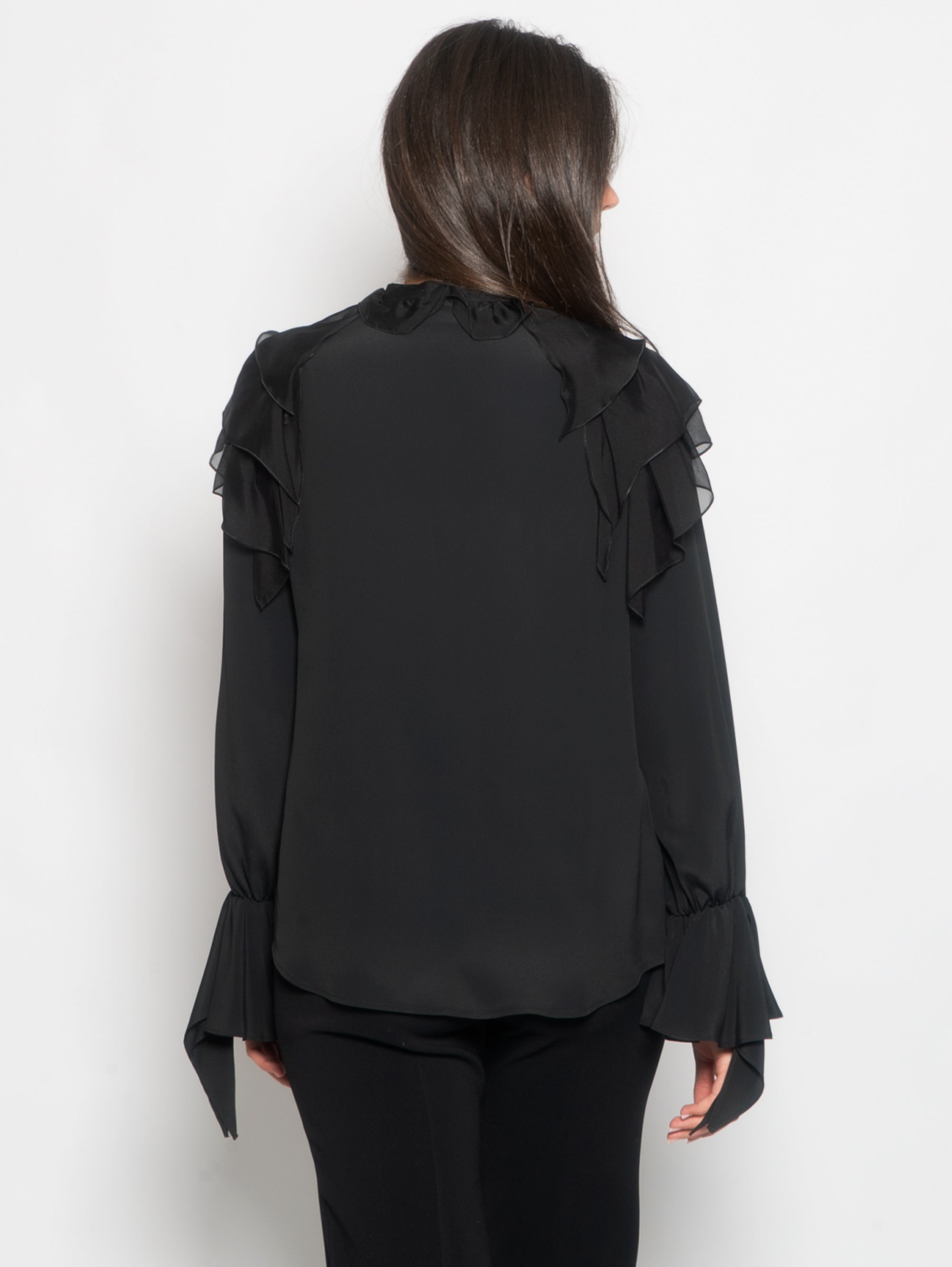 Blouse with Cascade of Black Ruffles