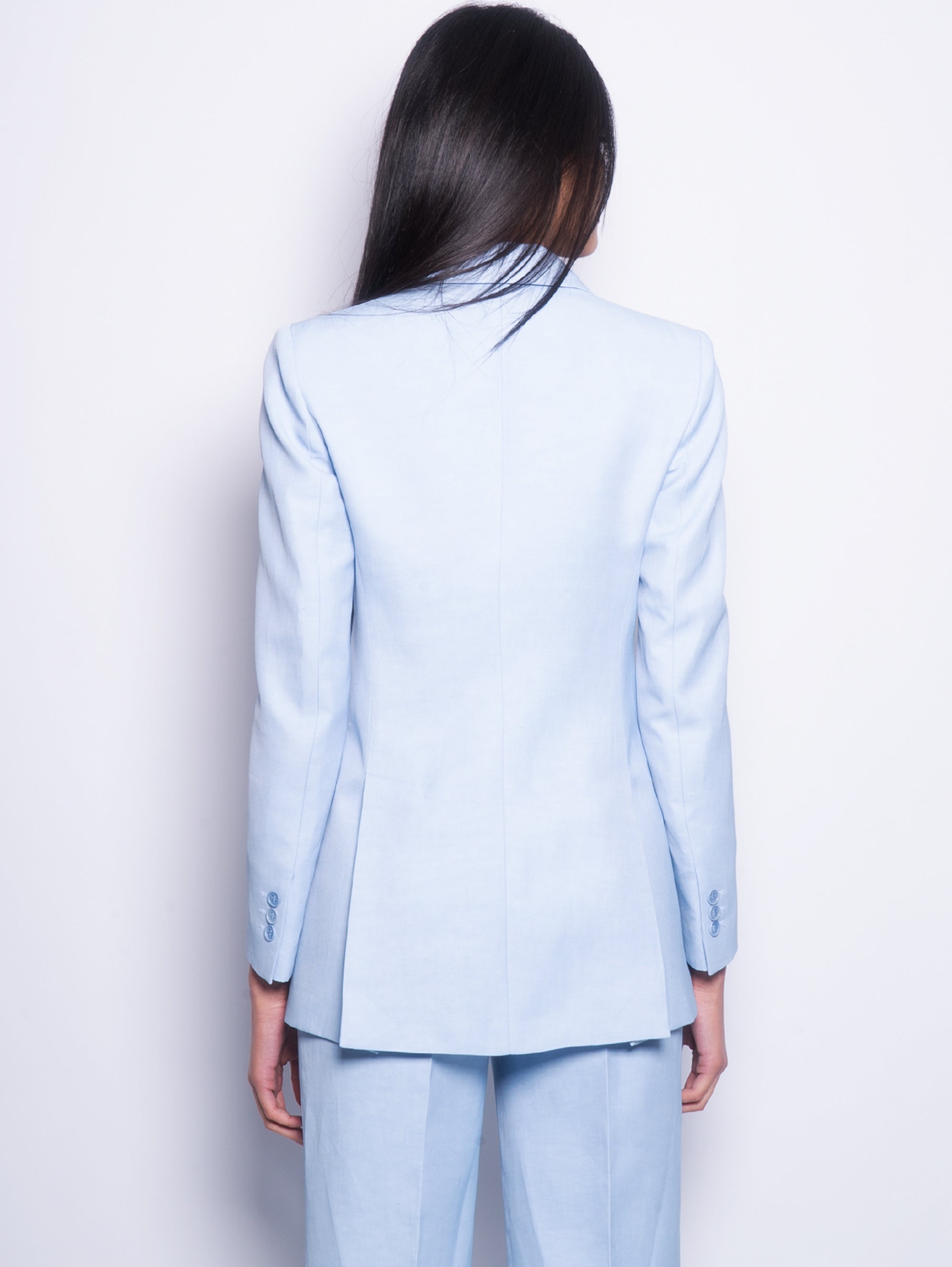 Double-breasted jacket in powder blue linen
