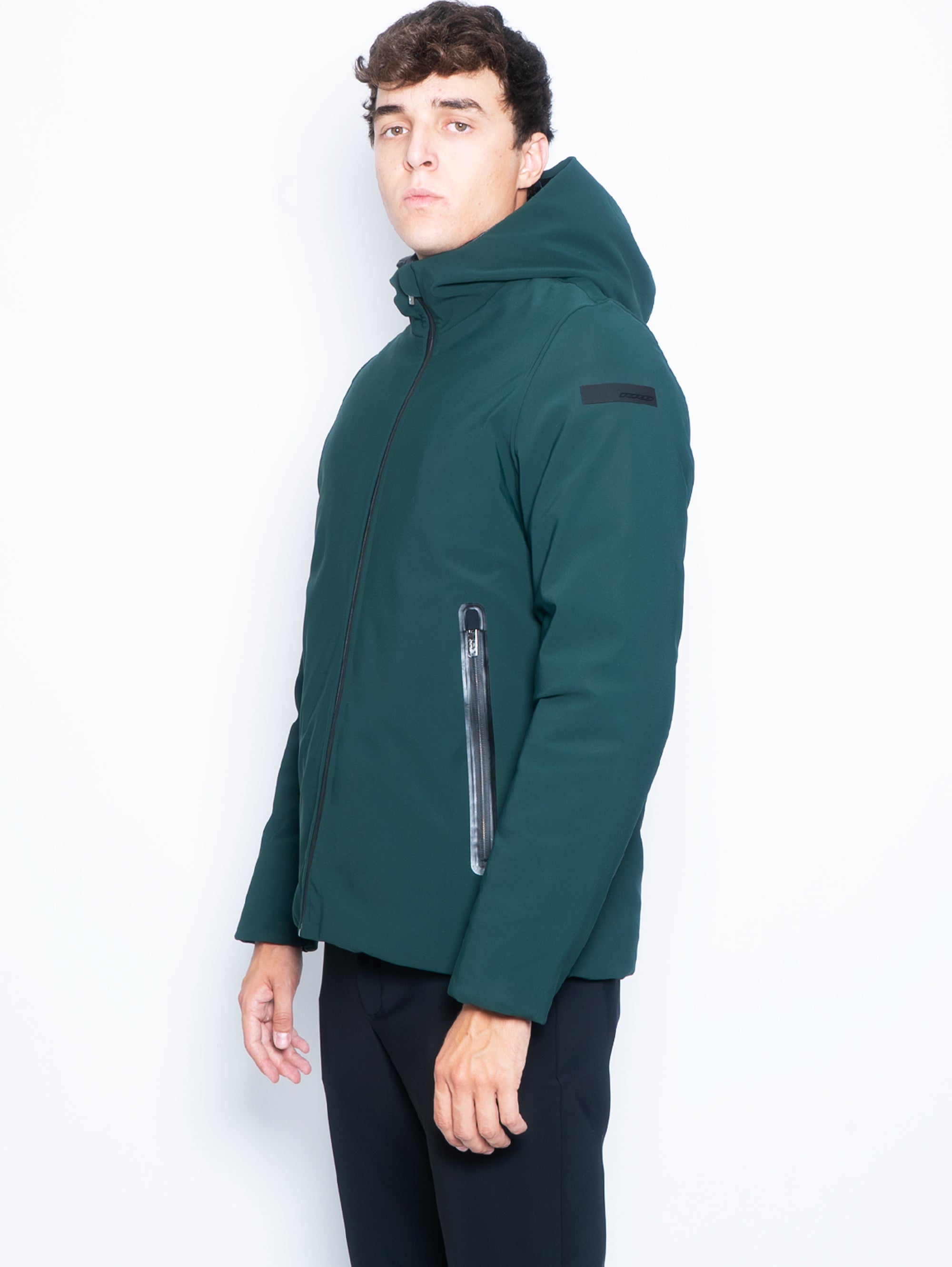 Short Down Jacket with Pine Green Hood