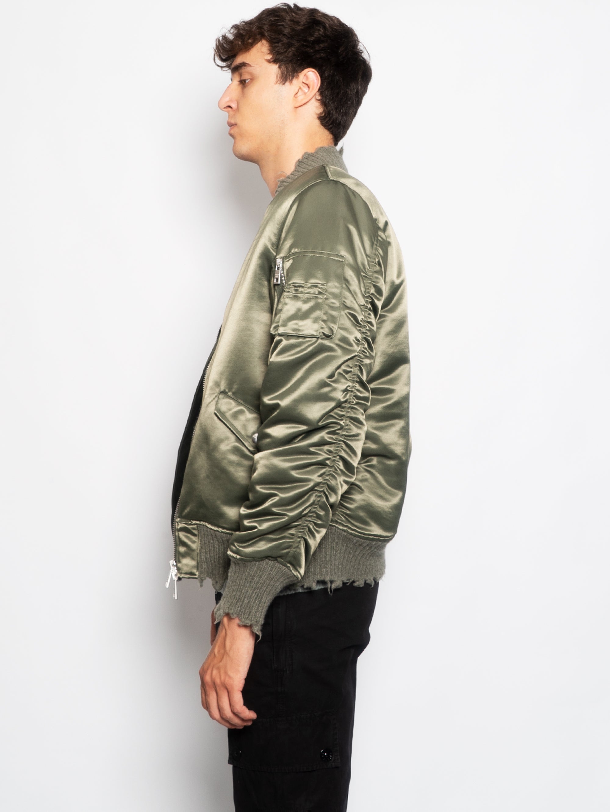 Satin Bomber Jacket with Green Wool Lining