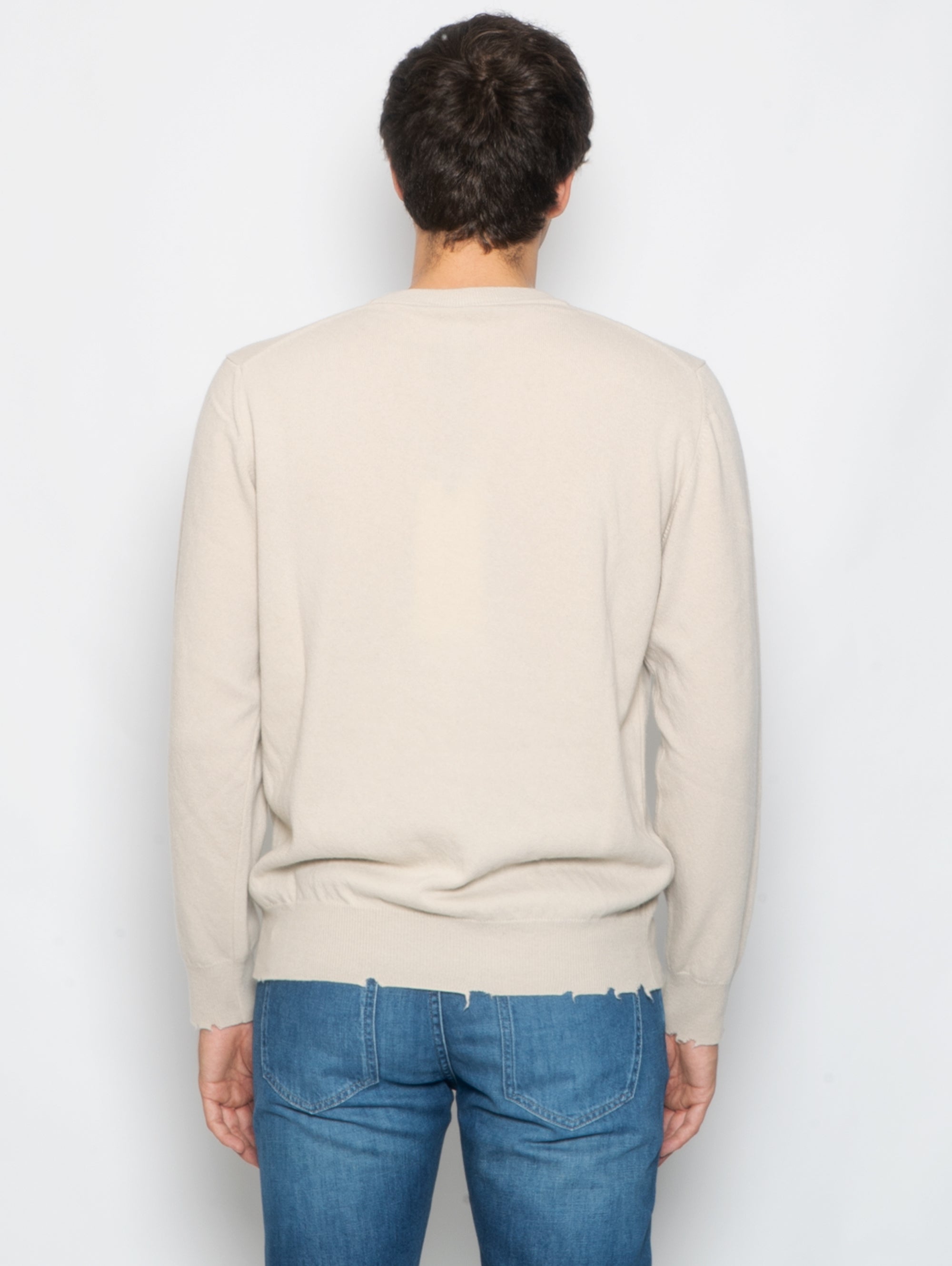 Beige Crew Neck Sweater with Cut Hem