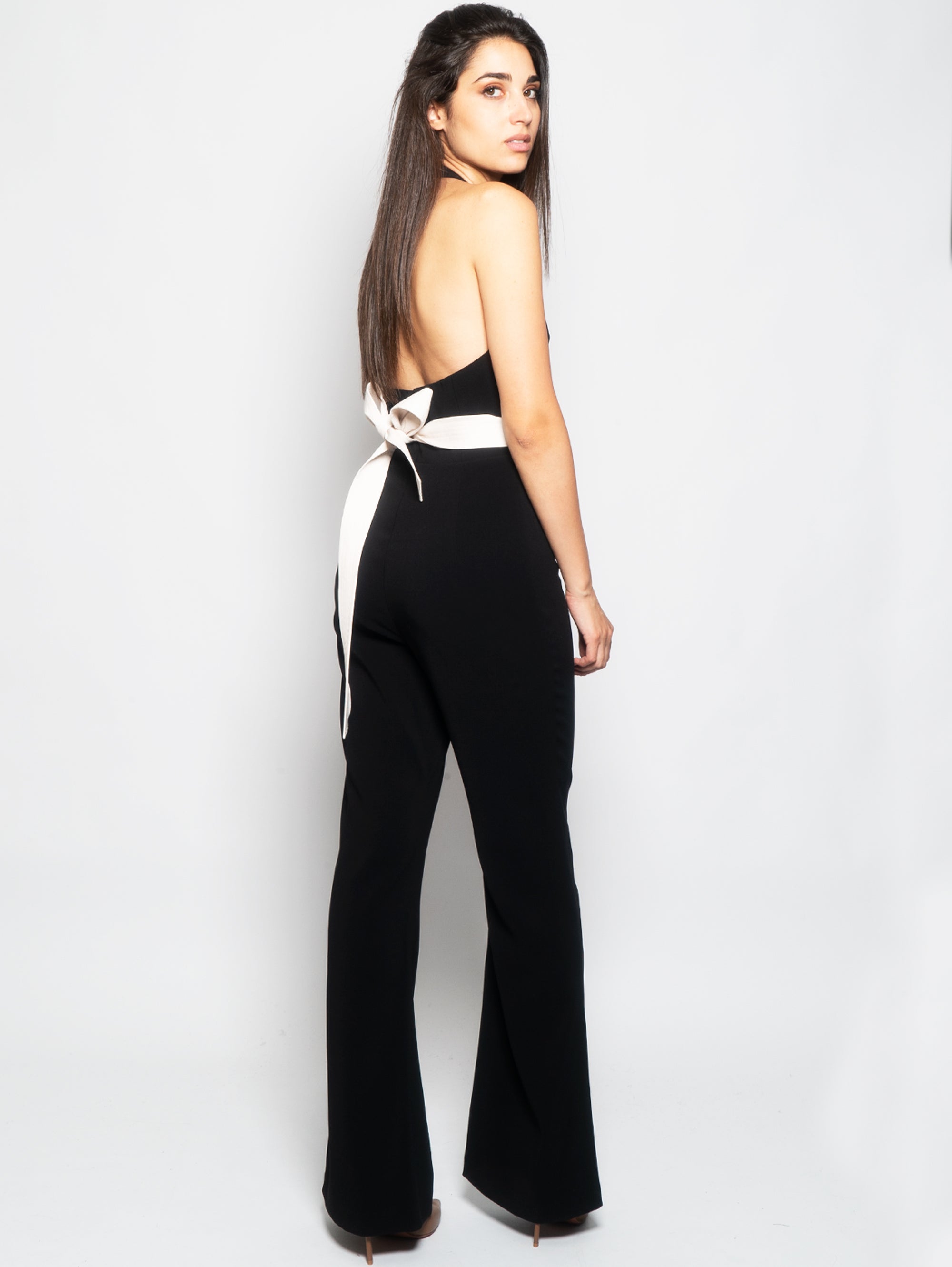 Jumpsuit with American Neckline and Black Bow