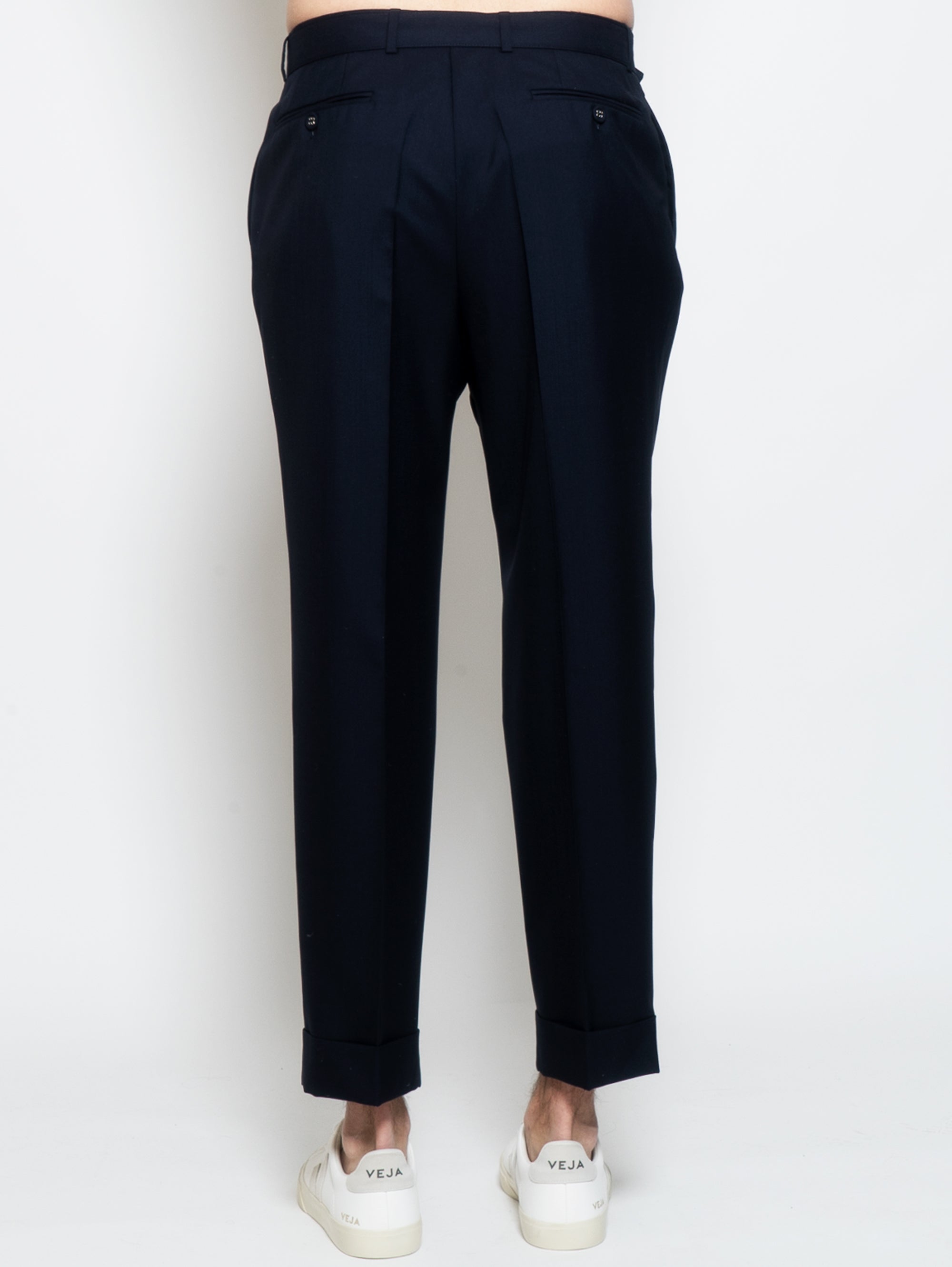 Pantaloni in Fresco Lana con Cintura Blu Navy